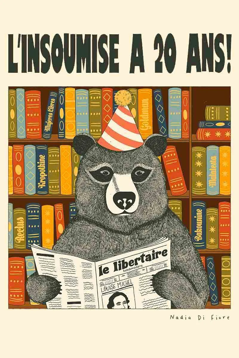 Contemporary folk illustration of a bear with a birthday hat who's reading a magazine in a bookstore. A wildlife illustration by Nadia Di Fiore.