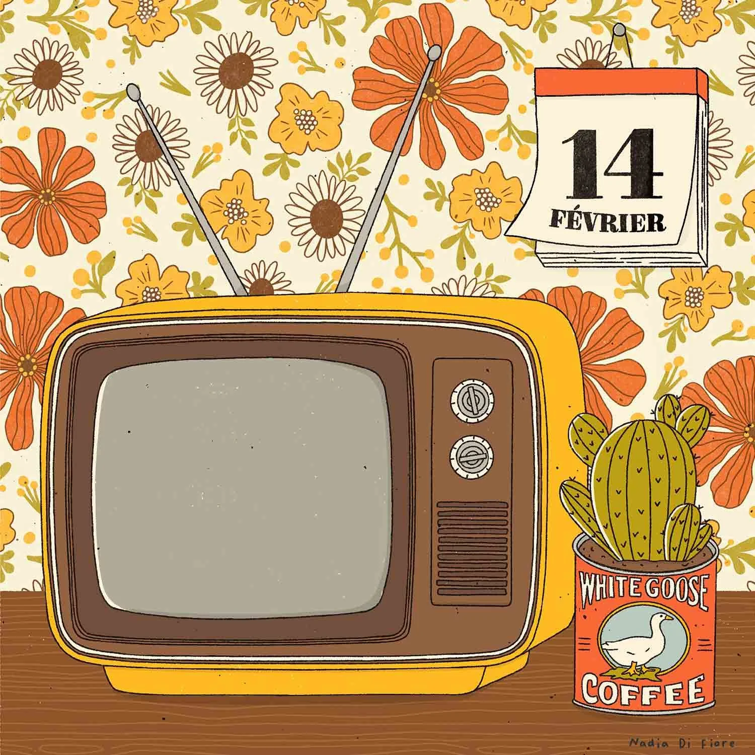 Contemporary folk illustration of a retro television, a cactus and a calendar by Nadia Di Fiore.