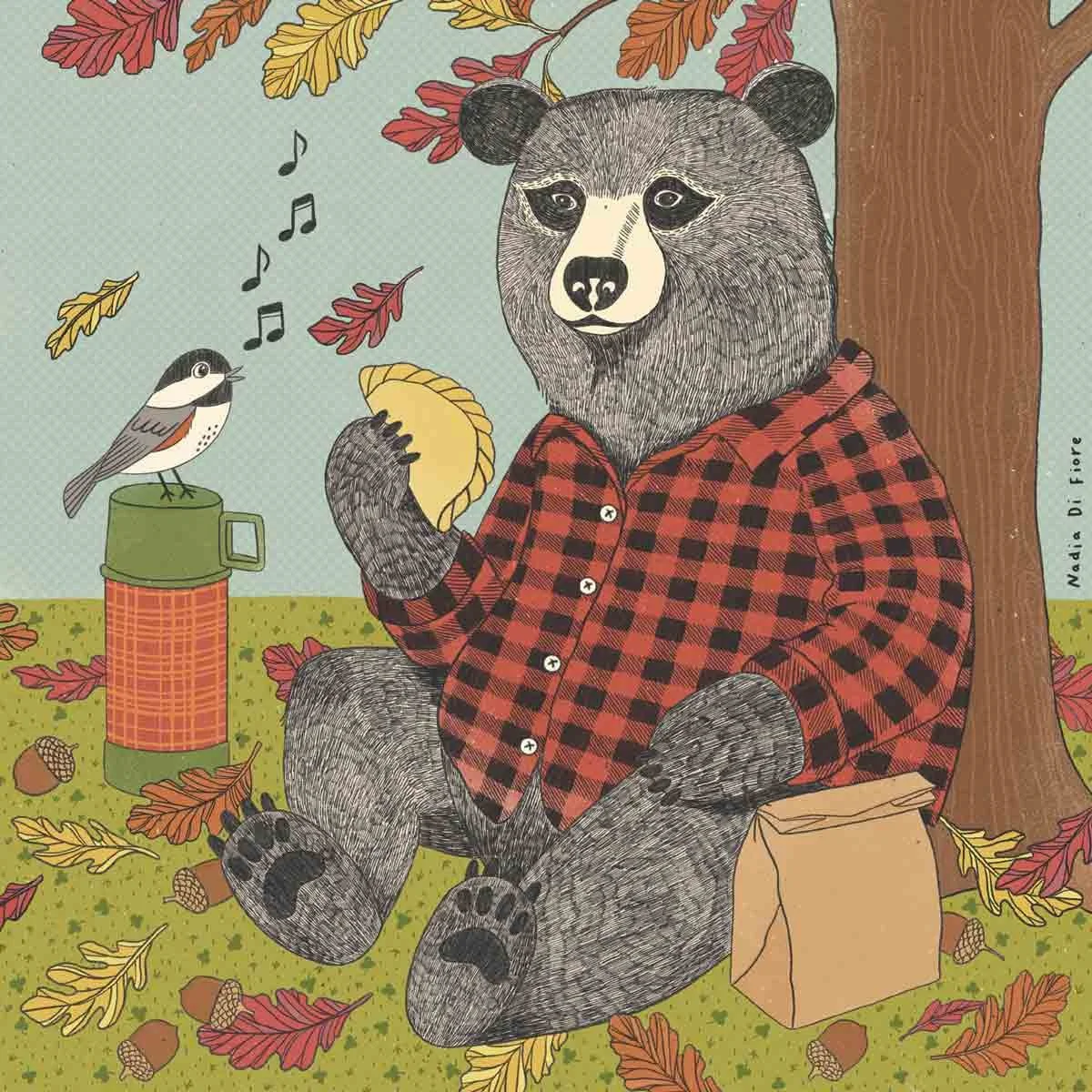 Contemporary folk illustration of a bear eating a Jamaican patty in a fall forest. A nature illustration by Nadia Di Fiore.