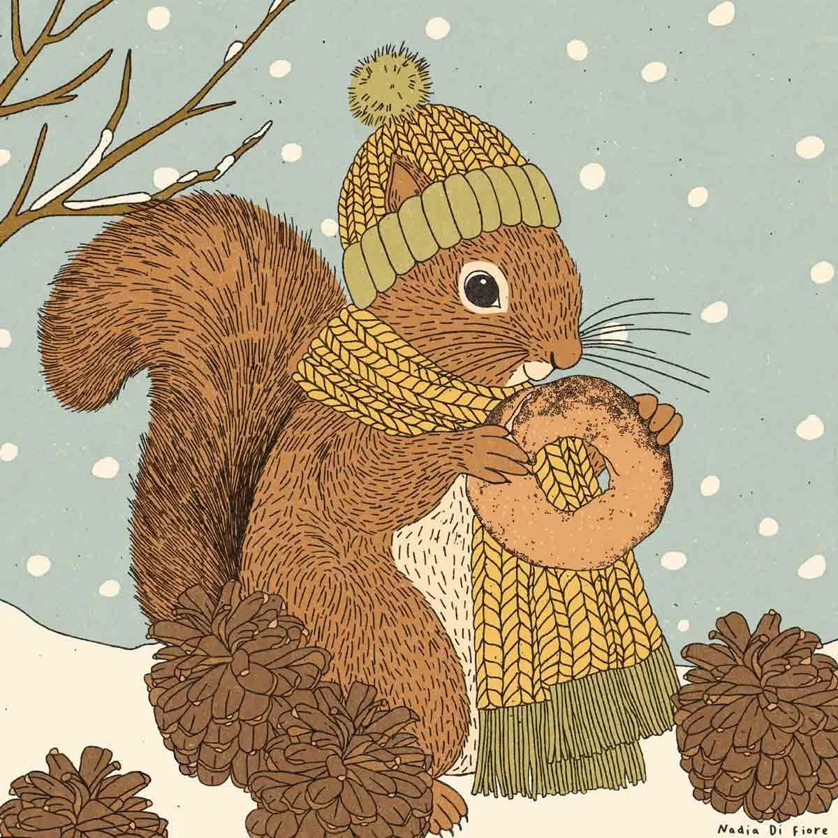 Contemporary folk illustration of a squirrel eating a Montreal bagel on a snowy day. An urban wildlife illustration by Nadia Di Fiore.