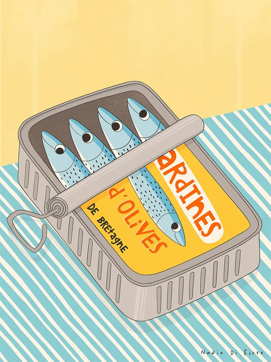 Illustration of sardines packed in a tin labeled “Sardines à l’huile,” on a blue-and-white striped surface.