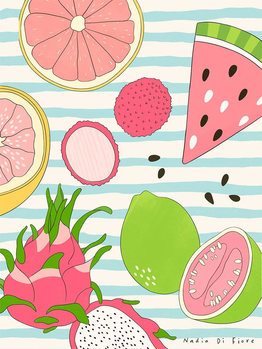 Illustration of pink grapefruit, pomelo, a watermelon wedge, whole and cut lychees, dragon fruit and pink guava arranged on a pale blue-and-white striped background.