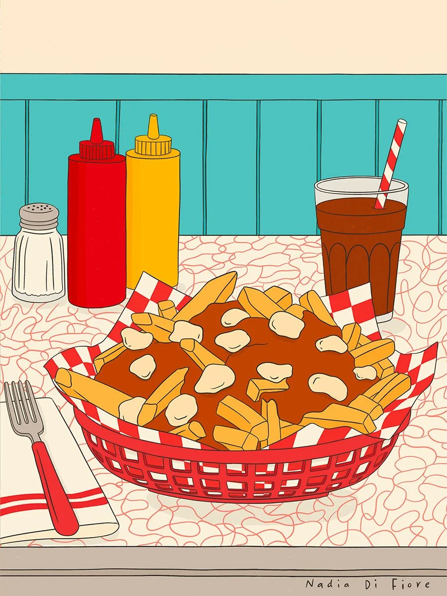 Illustration of a red basket of poutine with fries, brown gravy and cheese curds, lined with red-and-white checkered paper and served with ketchup, mustard, a cola with a striped straw, a salt shaker, and a fork on a retro diner table.