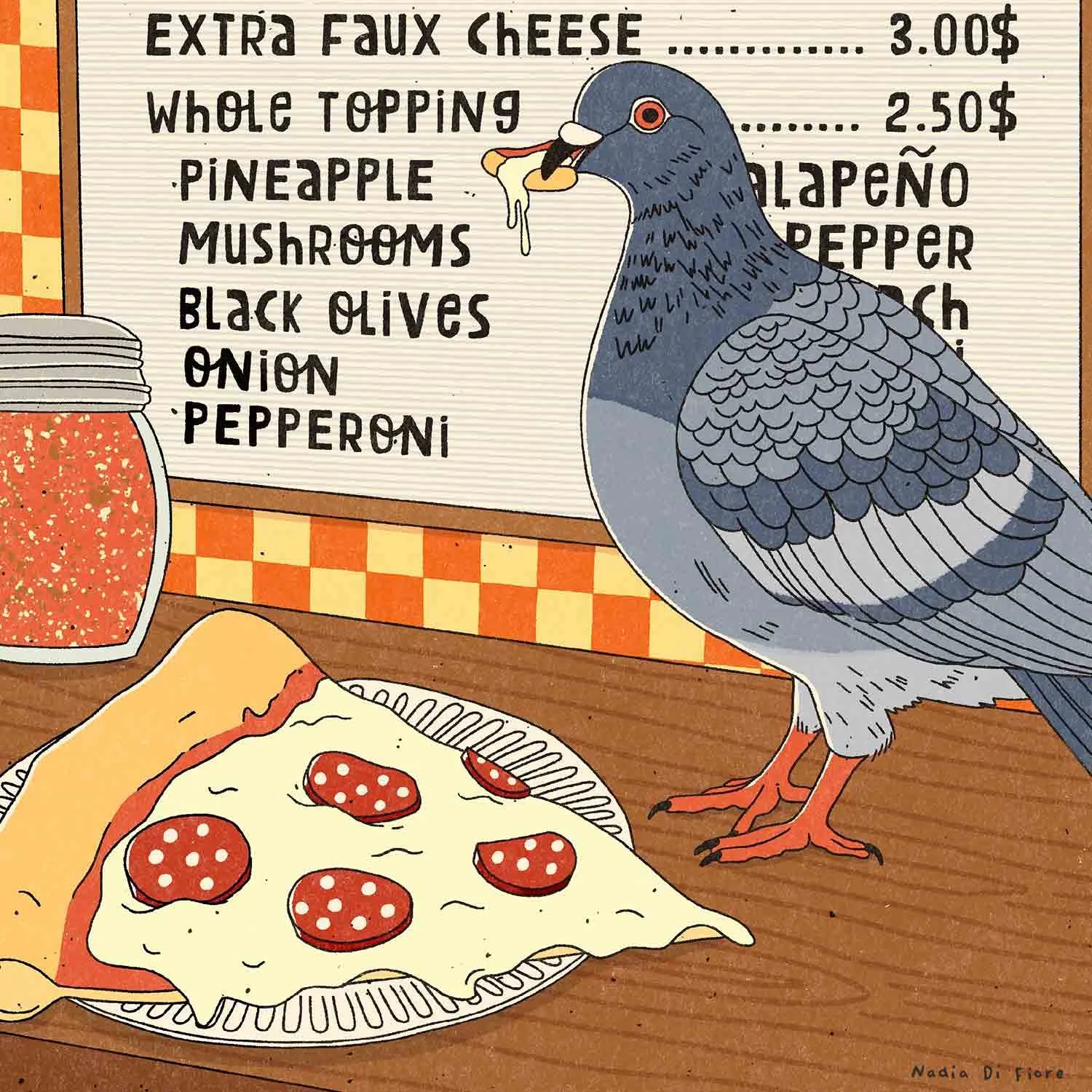 Contemporary folk illustration of a New York Pigeon eating a slice of vegan pepperoni and cheese pizza. A food illustration by Nadia Di Fiore.