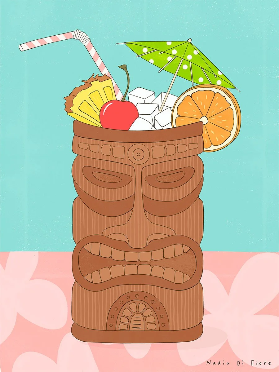 Illustration of a carved brown tiki mug filled with ice, a pineapple wedge, an orange slice, and a cherry, topped with a pink-striped straw and a green polka-dot umbrella, on a pink floral tablecloth against a turquoise background.