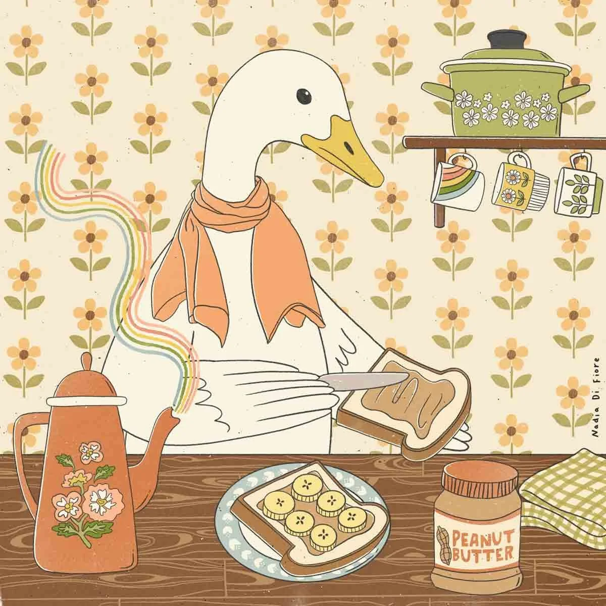 Contemporary folk illustration of a snow goose preparing a peanut butter and banana sandwich in a retro kitchen. A food illustration by Nadia Di Fiore.