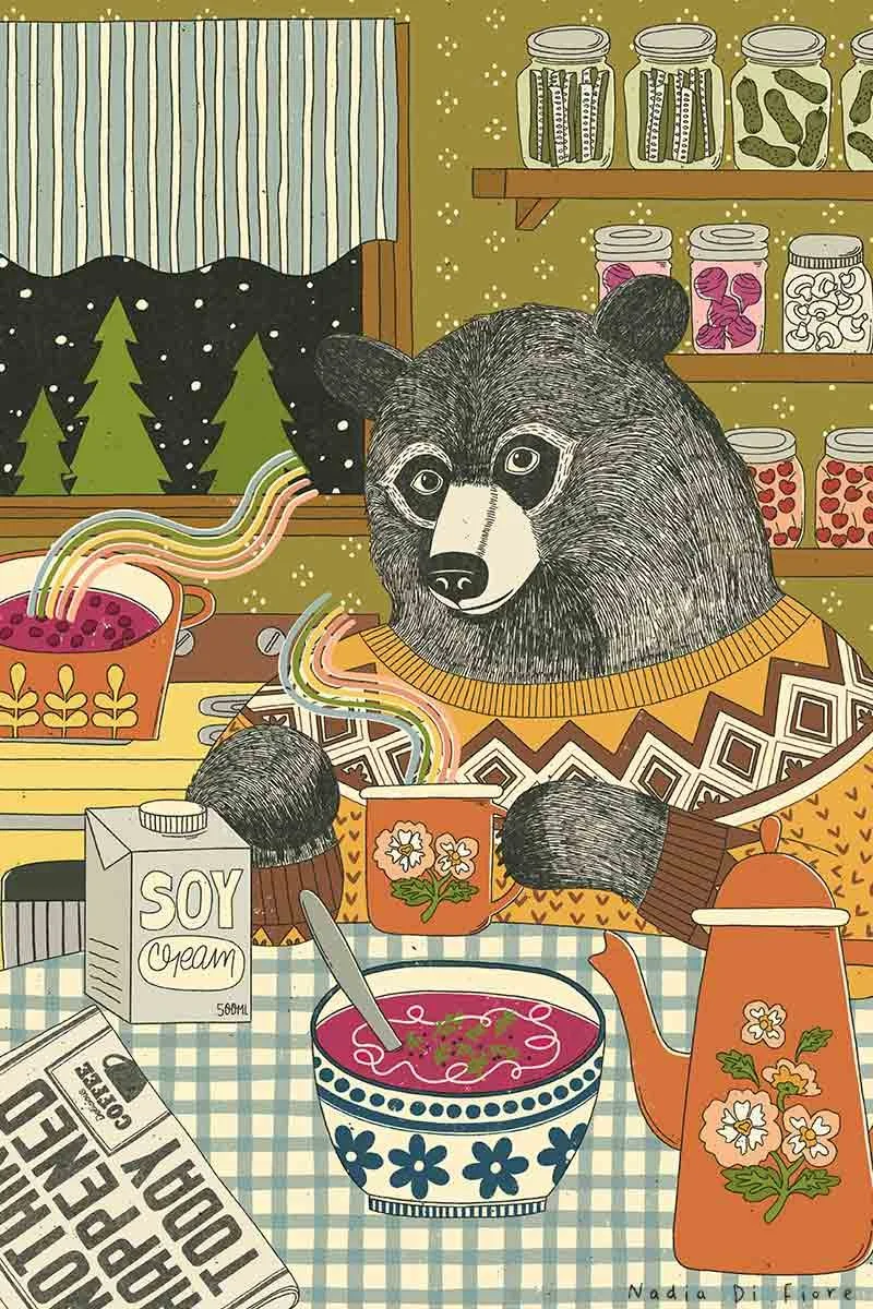 Contemporary folk illustration of a bear eating borscht and sipping tea in a kitchen. A food illustration by Nadia Di Fiore.