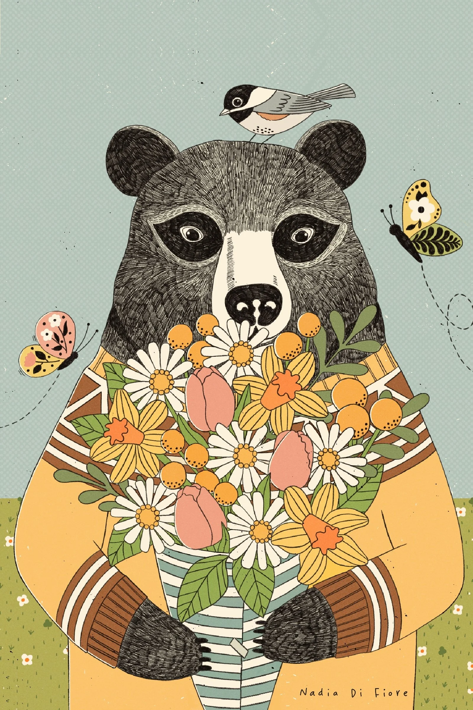A contemporary folk illustration of a black bear wearing a yellow patterned sweater and holding a bouquet of tulips, daffodils, and daisies. A small bird sits on its head while butterflies fly nearby. Warm colour palette.