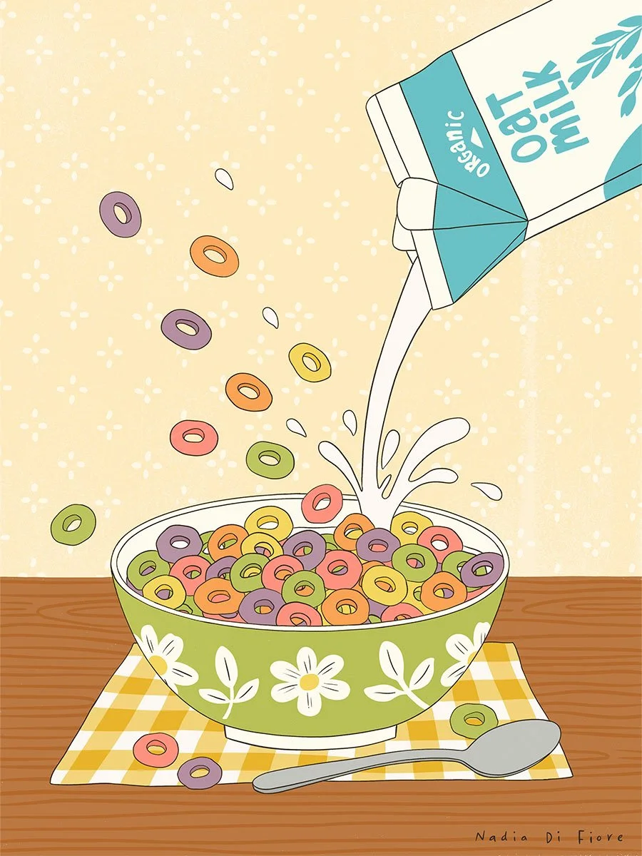 Illustration of oat milk pouring into a floral bowl of colorful ring cereal on a checkered placemat.