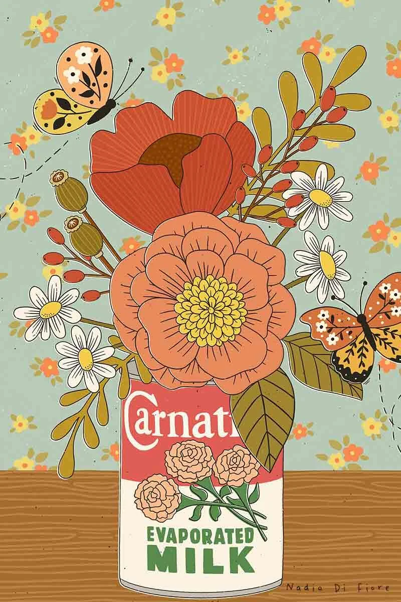 Botanical illustration of a vintage Carnation milk tin used as a vase for wildflowers—poppies, daisies, camellias, and more—on a wooden table with retro floral wallpaper. Hand-drawn sustainable artwork by Nadia Di Fiore.