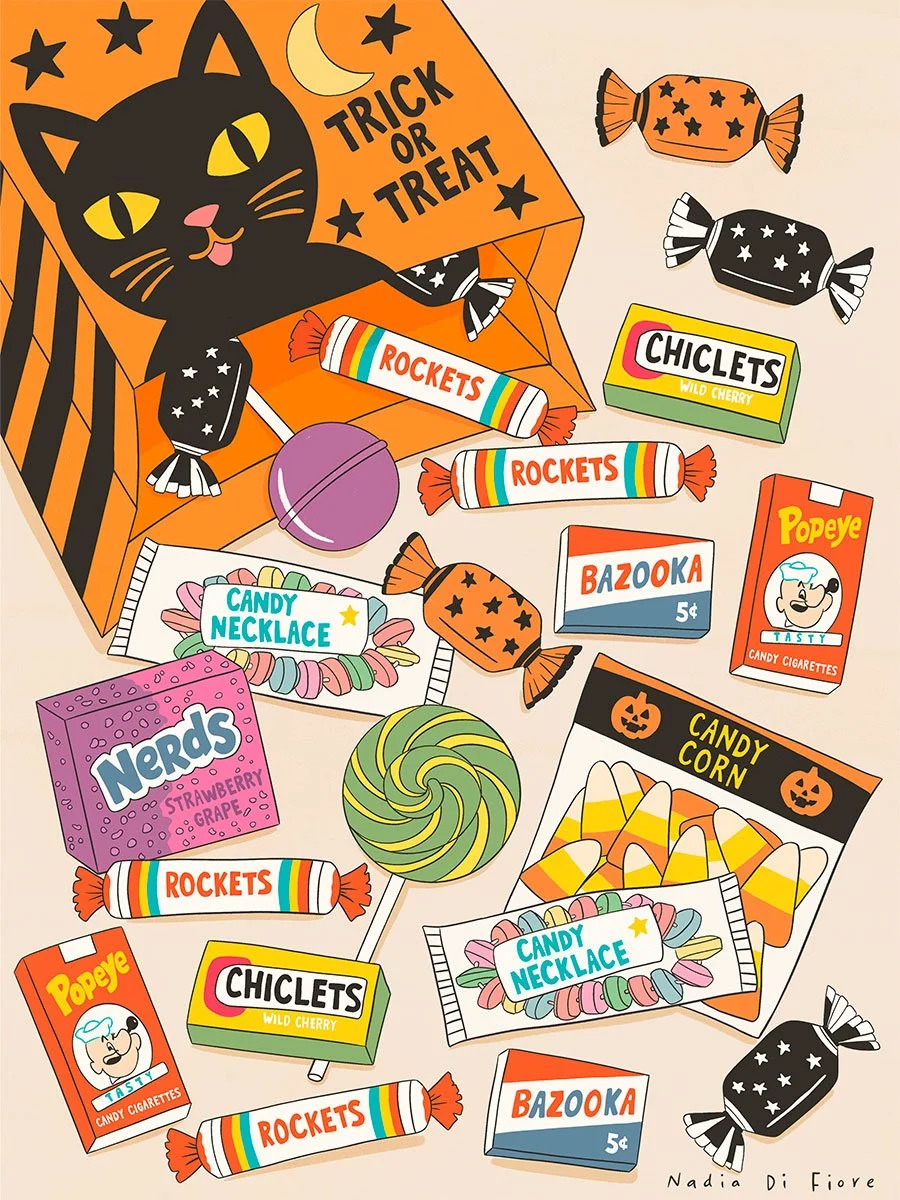 Halloween candy illustration with a black cat, trick-or-treat box, wrapped candy, candy necklaces, lollipops, candy corn, Nerds, Chiclets, Rockets, Bazooka, and Popeye candy cigarettes