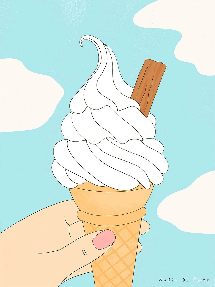 Illustration of a hand holding a vanilla soft-serve ice cream cone with a chocolate Flake against a blue sky with white clouds.