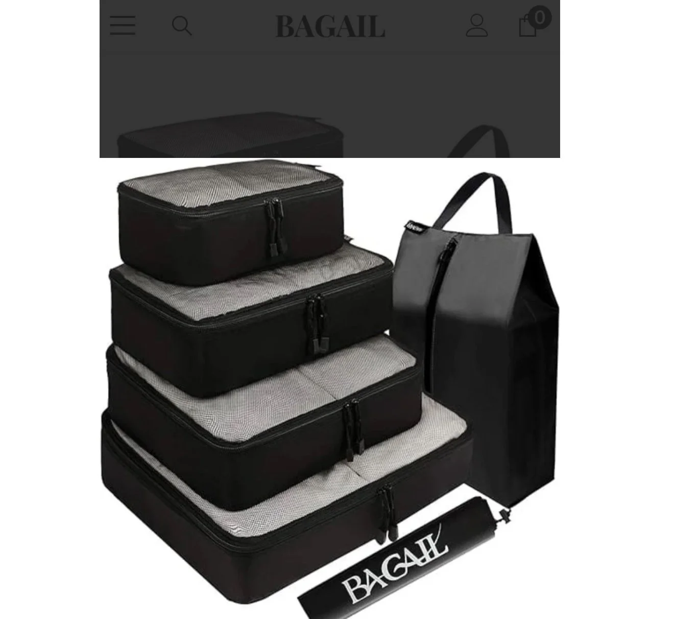 BAGAIL black travel cubes, shoe bag, and pouch arranged neatly on a comfort clay background.
