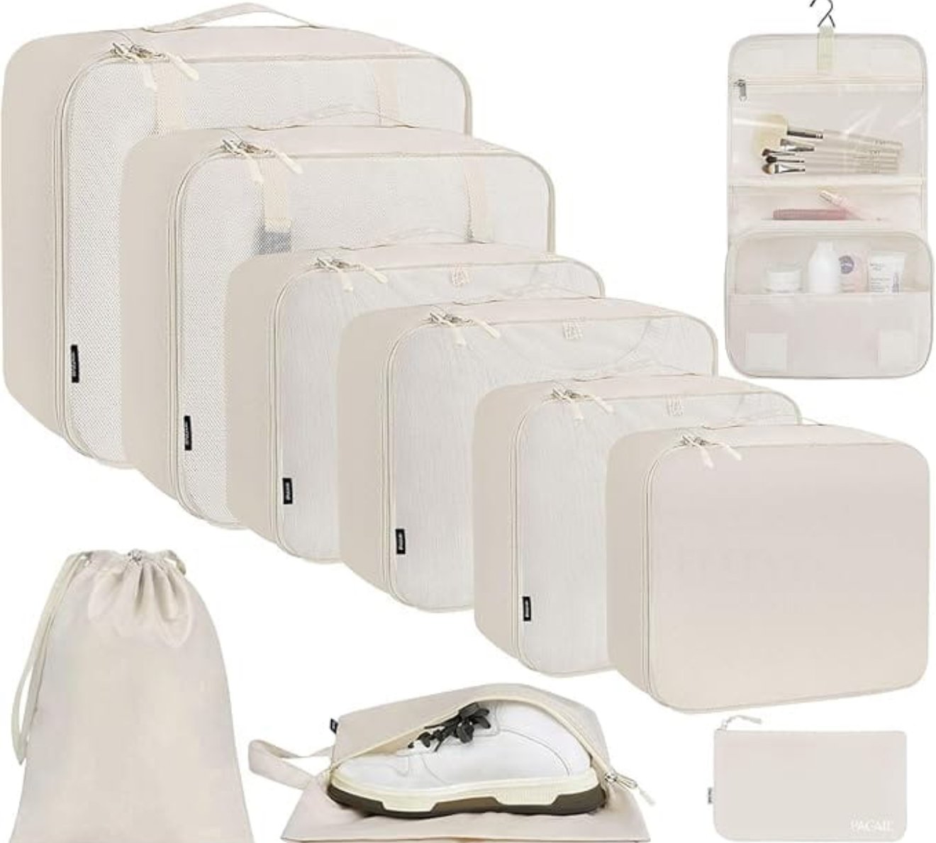 Nine beige cubes. Double zippers. Mesh tops.  Keeps your packing neat, visible, and ready to go.