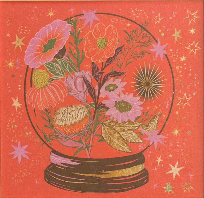 Galison “Flower Gazing” 500-piece foil puzzle box featuring vibrant floral artwork inside a crystal ball, set against a red background with gold foil stars and sparkles — ideal for gifting, home decor, and relaxing puzzle sessions.