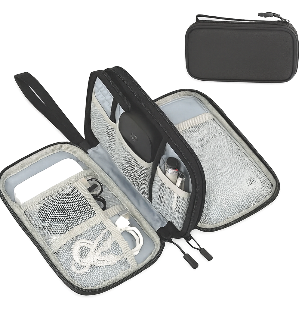 Open travel case with mesh pouches and elastic bands organizing iPhone charging cables and adapters on a wooden surface.