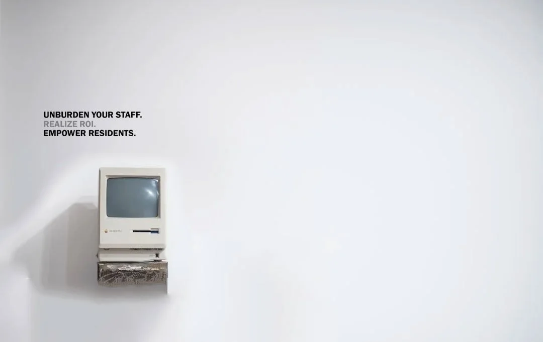 Epylog promo for tech literacy in senior communities. Highlights ease of use, lifestyle integration, and demo scheduling. Includes vintage computer background.