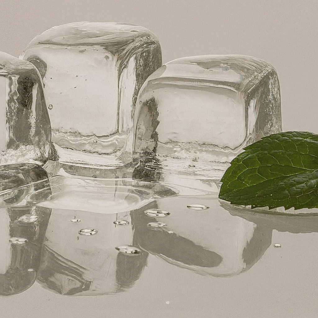 A glass of amber cocktail with a large clear ice cube and orange peel garnish sits on white marble. Soft lighting highlights the drink’s rich color and the cube’s clarity against a dark background.