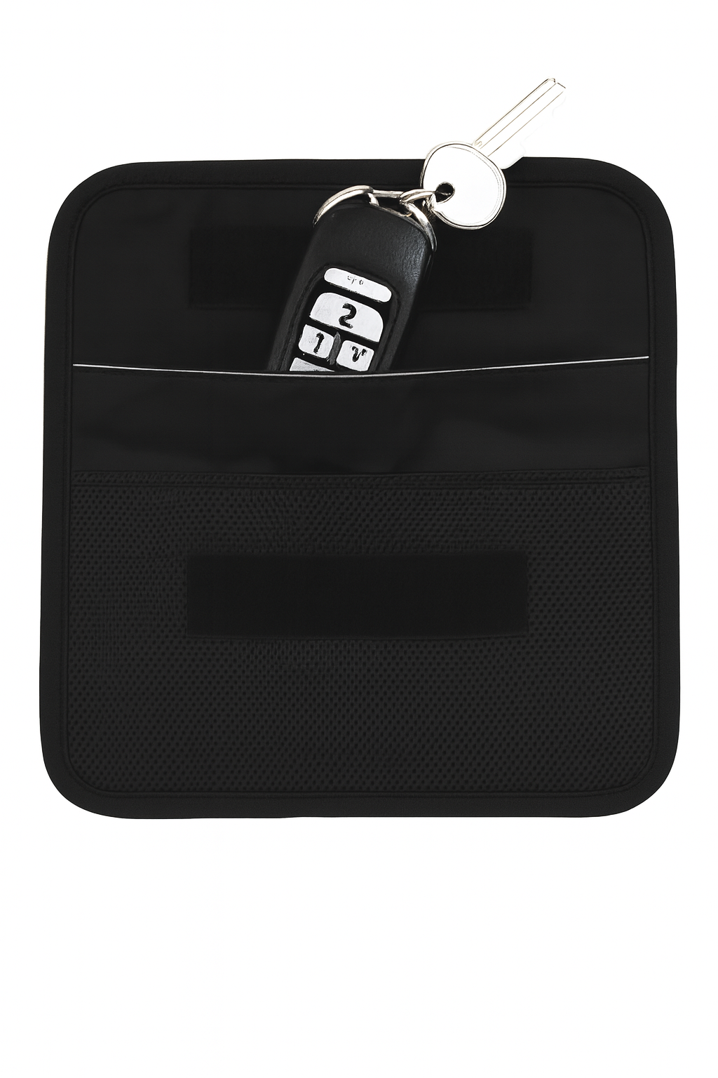 Screenshot of a product listing for an RFID-blocking pouch designed to protect smartphones and car key fobs from signal tracking and hacking.