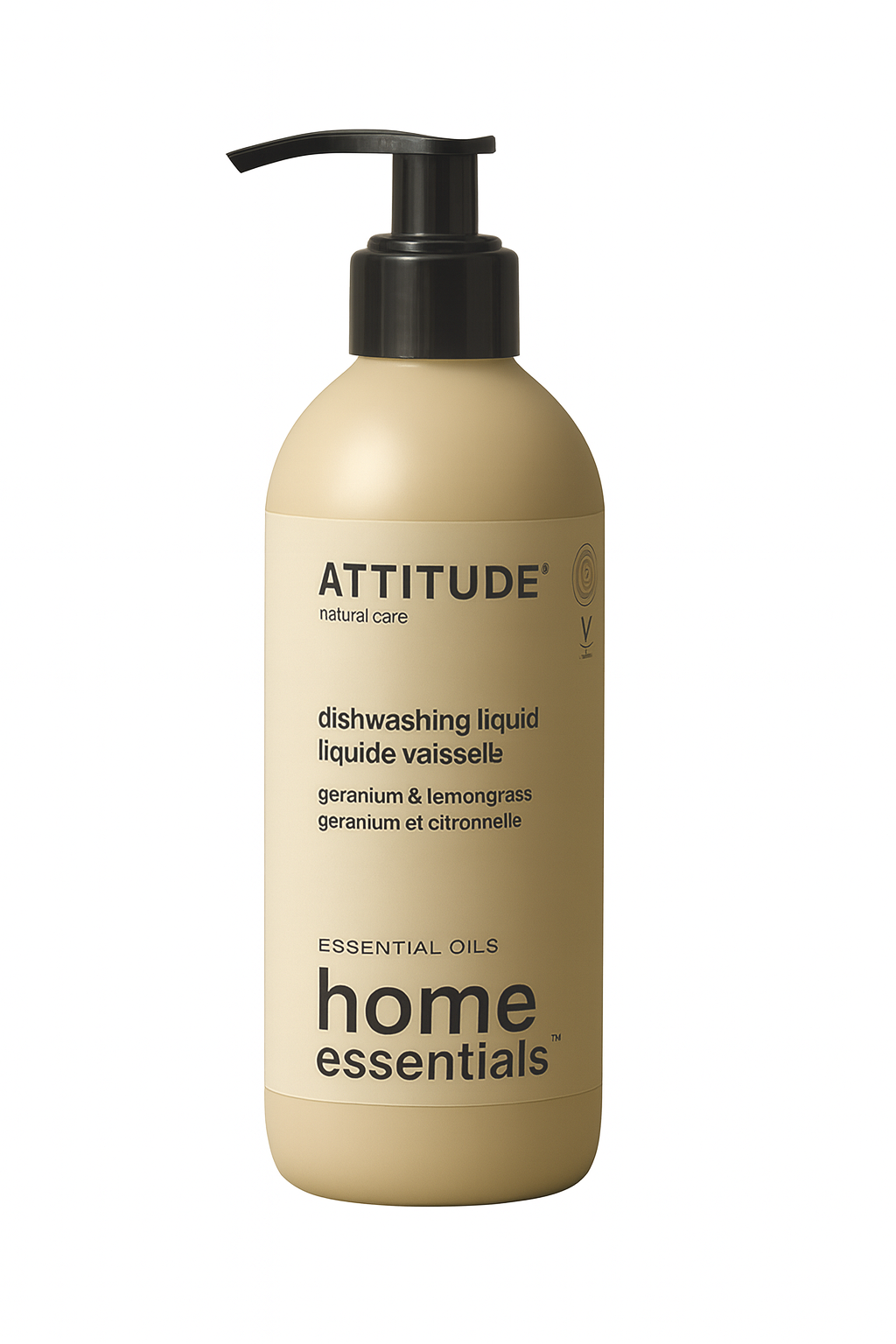 Beige bottle of ATTITUDE dishwashing liquid with black pump, labeled geranium & lemongrass, on matching background.