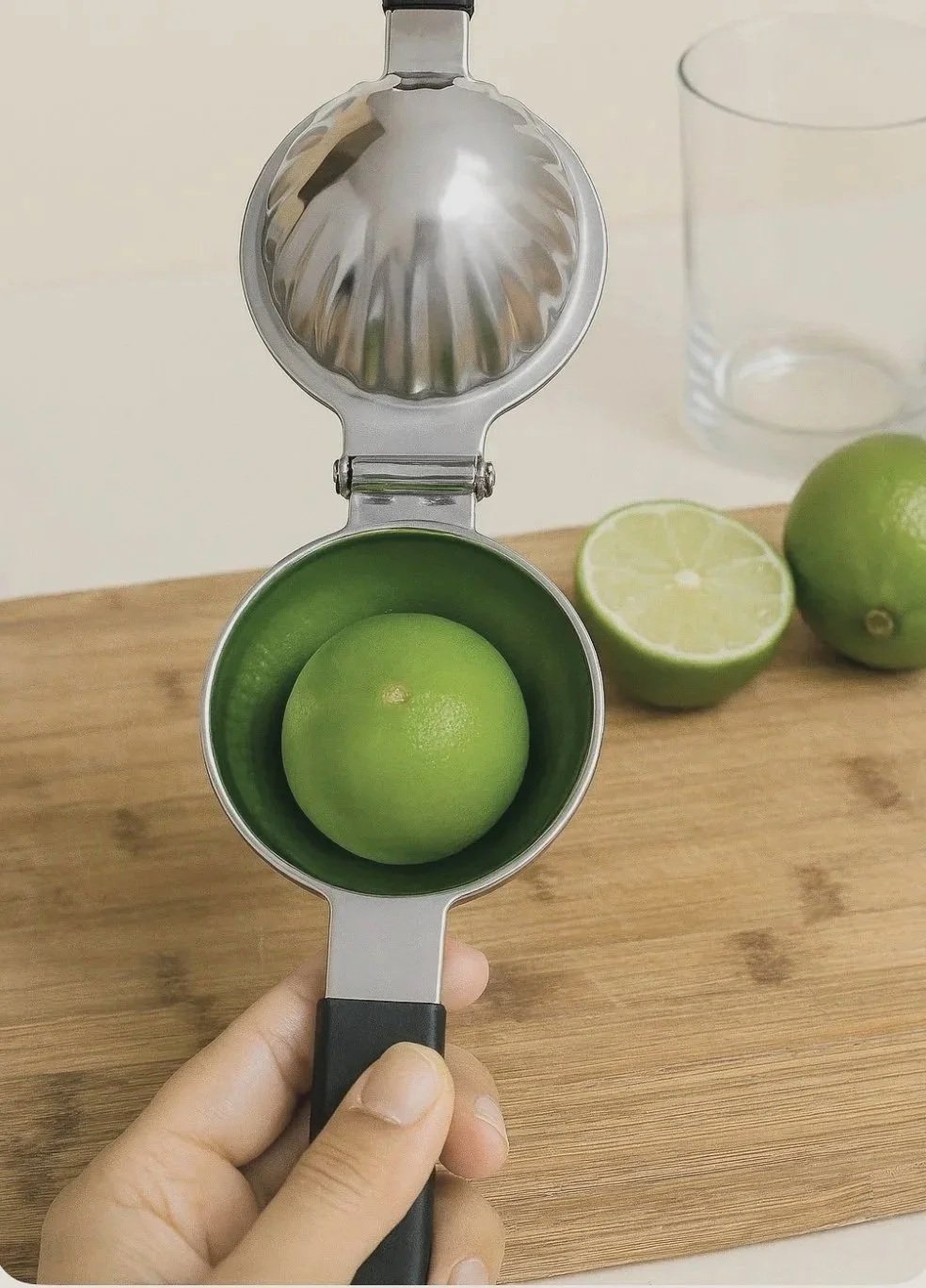 Stainless citrus press with lime, glass, and cutting board—gentle grip, elder-friendly prep, scenic clarity.