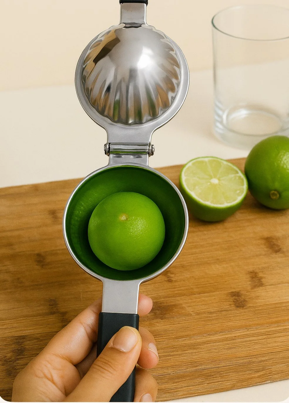 Stainless citrus press with lime, glass, and cutting board—gentle grip, elder-friendly prep, scenic clarity.