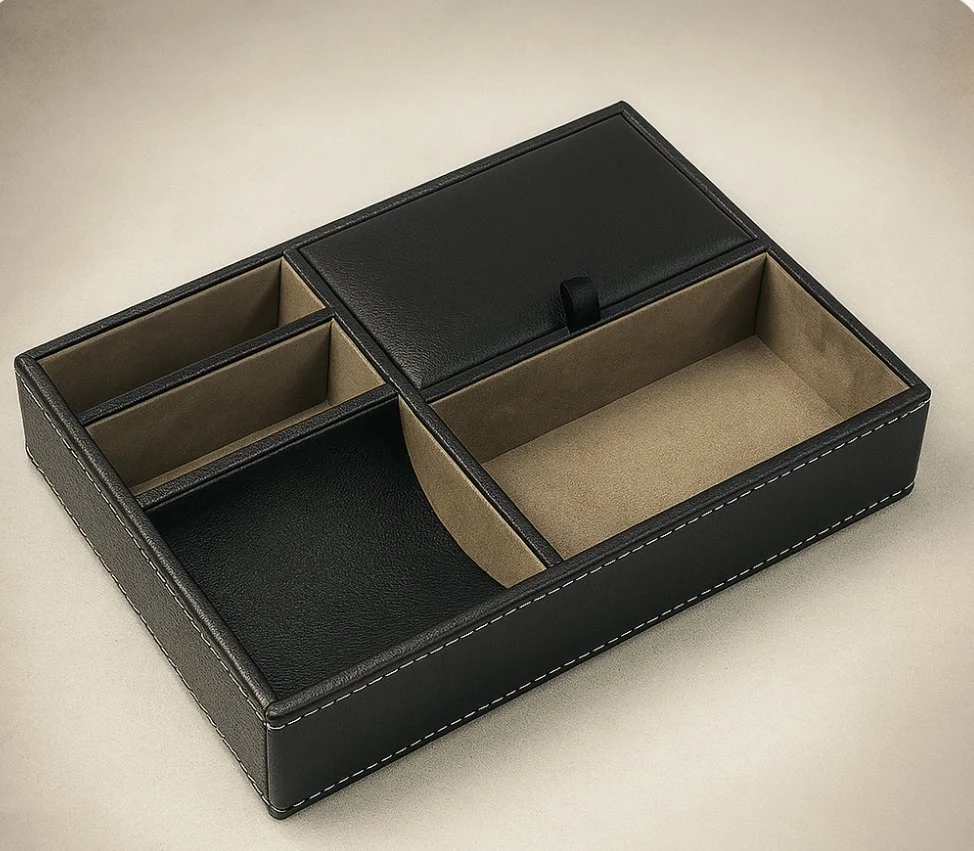 Black faux leather valet tray with 5 compartments, soft beige lining, and white stitching for entryway organization.