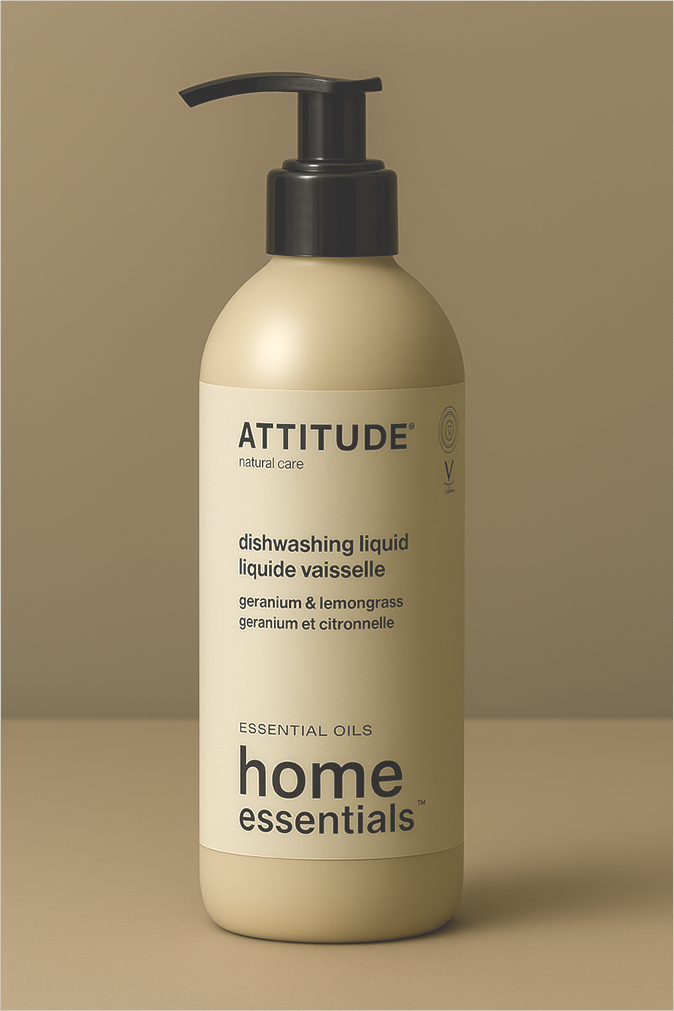 Beige bottle of ATTITUDE dishwashing liquid with black pump, labeled geranium & lemongrass, on matching background.