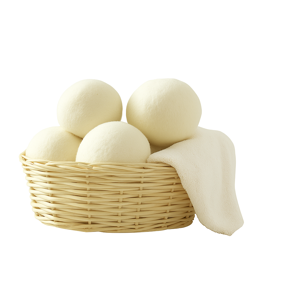 Cream-colored wool dryer balls in a wicker basket with a soft towel, set in a bright, clean indoor space.A