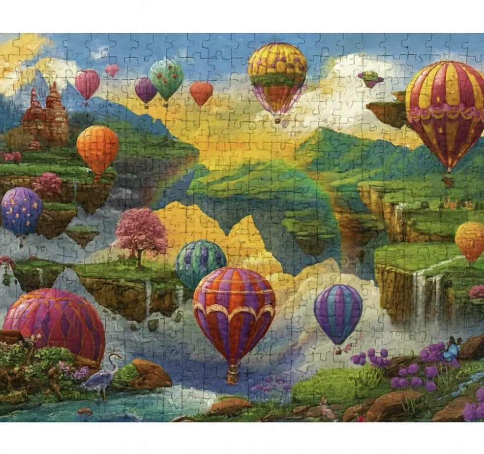 Completed Ravensburger Air Balloon Valley 500-piece puzzle showing colorful hot air balloons floating above a fantasy valley with cliffs, waterfalls, and castles. Puzzle is fully assembled and laid flat.