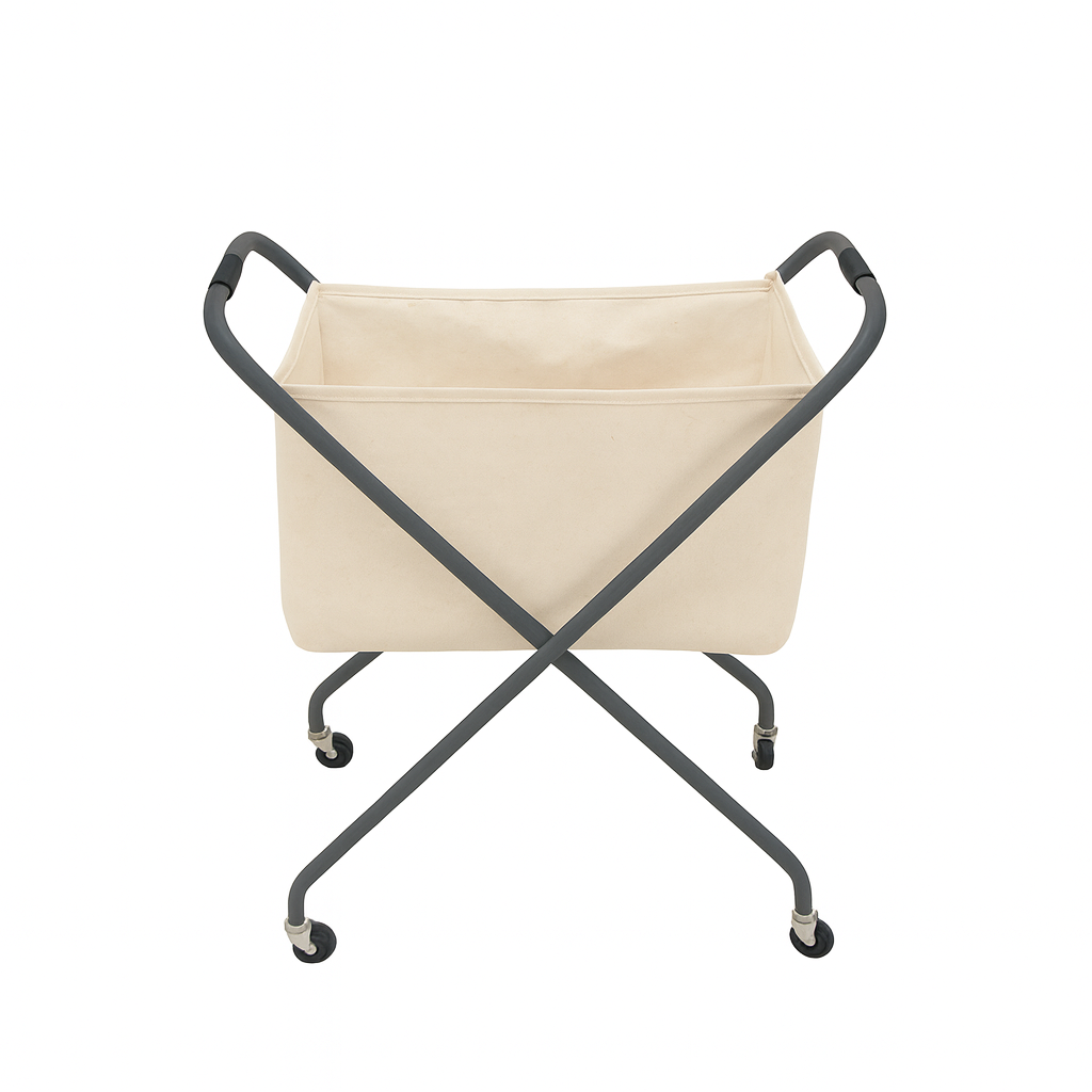 Collapsible beige laundry hamper with metal X-frame and wheels, set against a smooth taupe background.