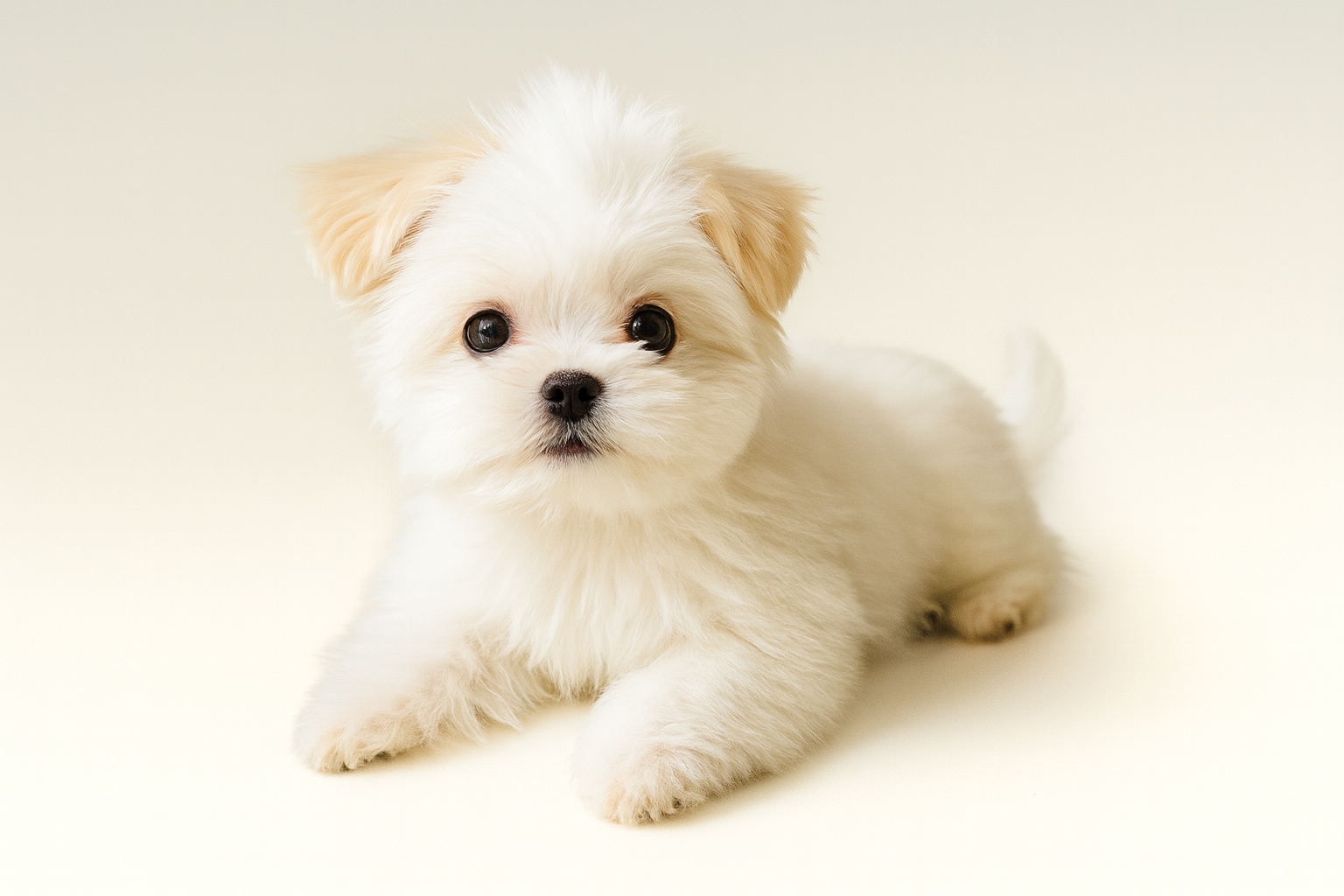 Fluffy white Maltese puppy with light tan ears lying down against a soft, neutral background. The puppy has expressive dark eyes and a gentle, relaxed posture—ideal for showcasing comfort-first dog products.