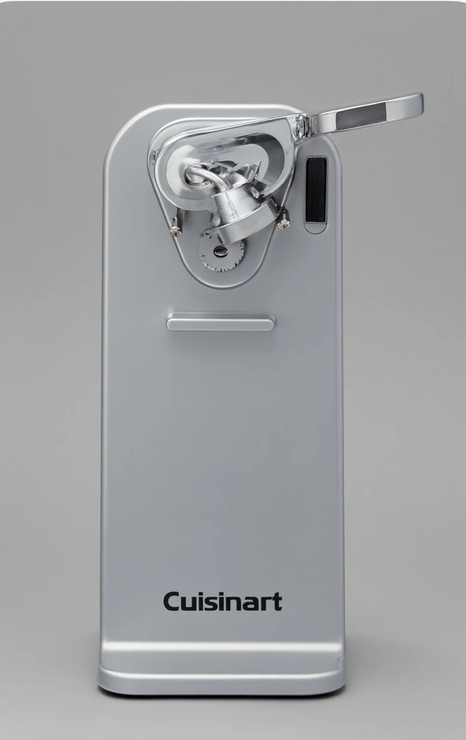 Chrome Cuisinart electric can opener with lever and logo, shown upright against a neutral gray background.
