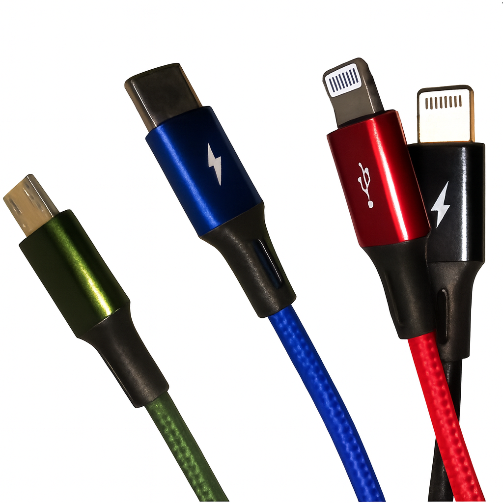 Four color-coded charging cables—Micro-USB, USB-C, and two Lightning—laid side by side on a neutral background.