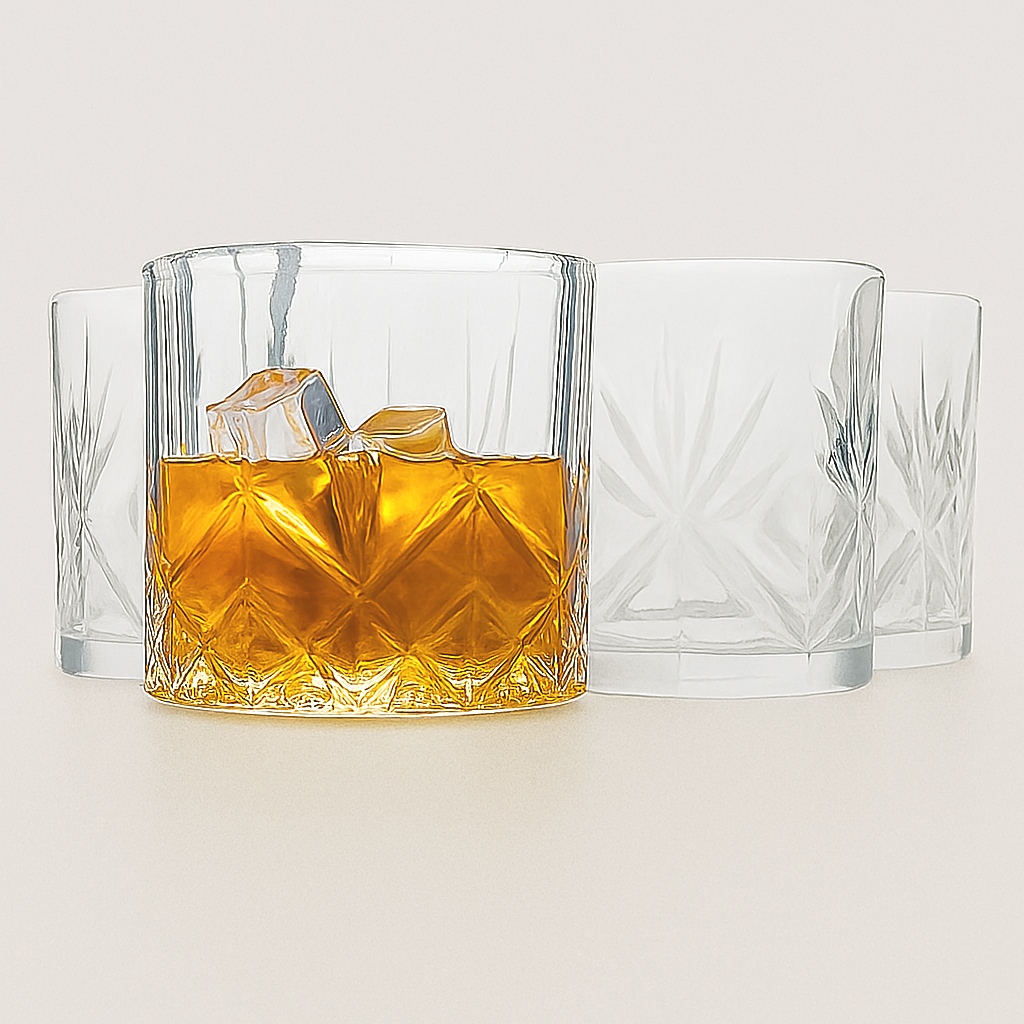Four crystal whiskey glasses with diamond-cut bases, one filled with whiskey and ice, arranged in a row.