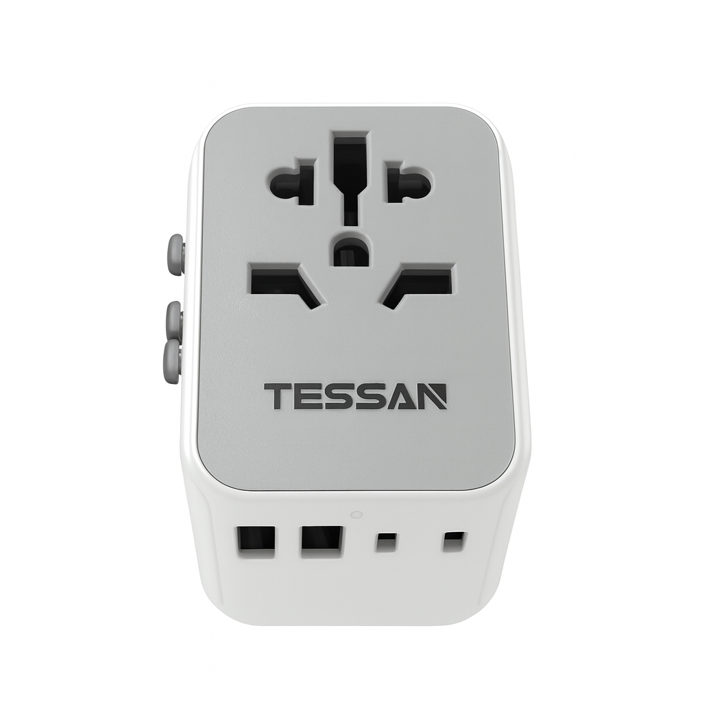 Universal travel adapter with multi-country plug compatibility and USB ports, shown on a neutral background.