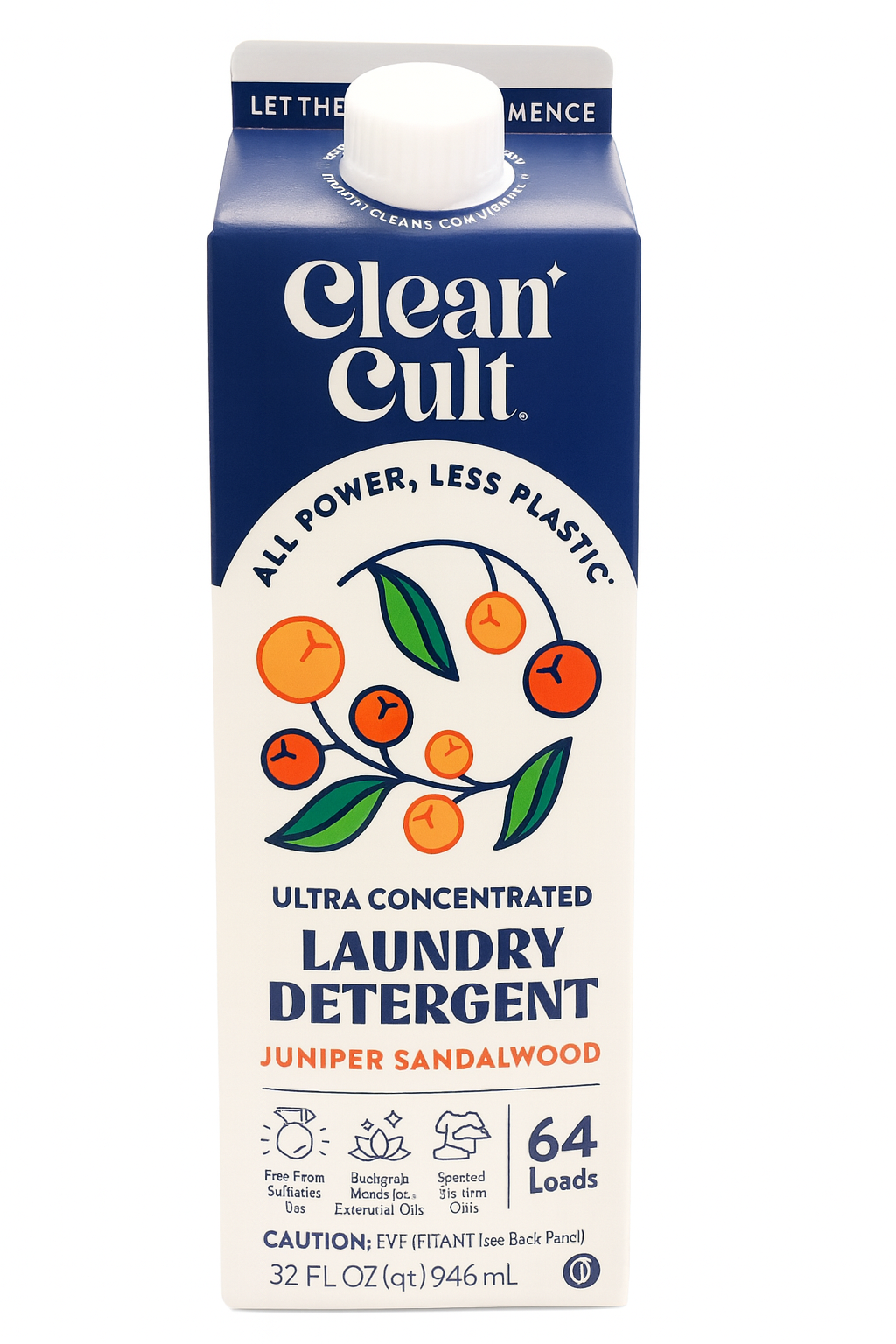 Cleancult Juniper Sandalwood detergent carton on a smooth surface with soft lighting and a neutral taupe background.