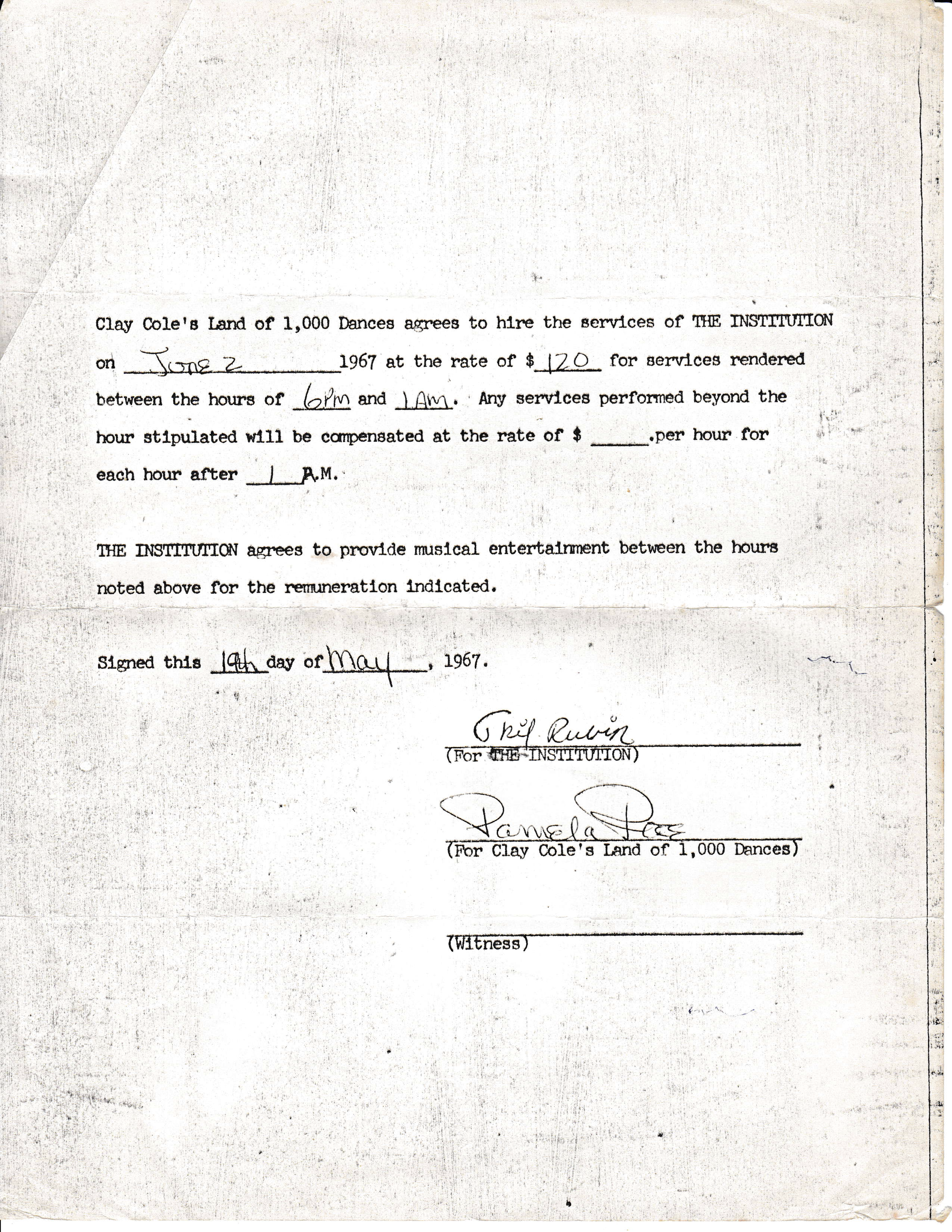 Clay Cole's Land of 1000 Dances contract, June 2, 1967