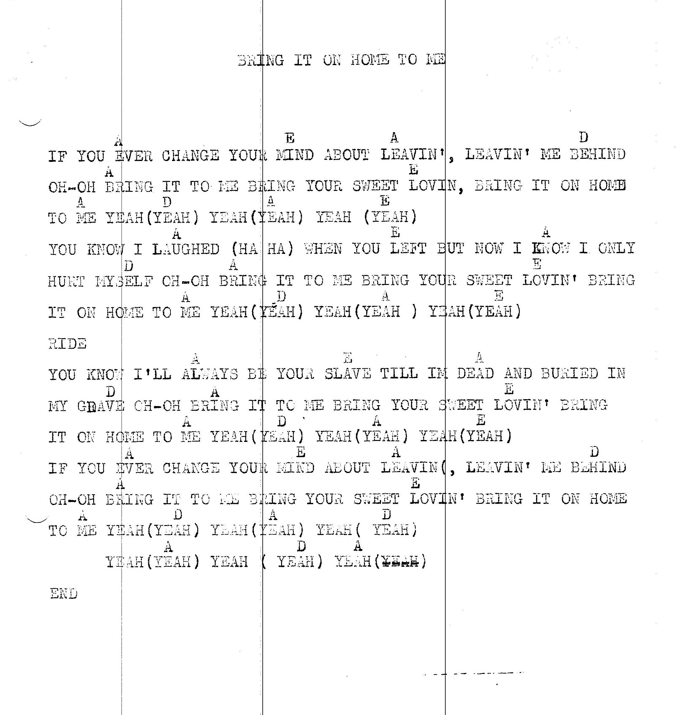Lyrics for Bring It On Home To Me