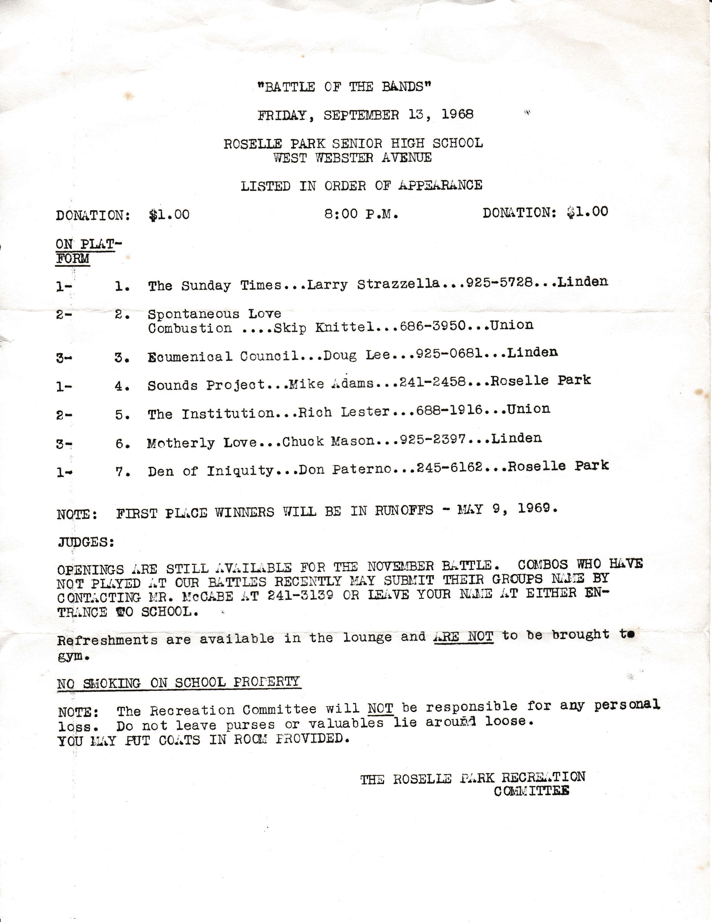 Battle of the Bands, Roselle Park Senior High School, Sep. 13, 1968