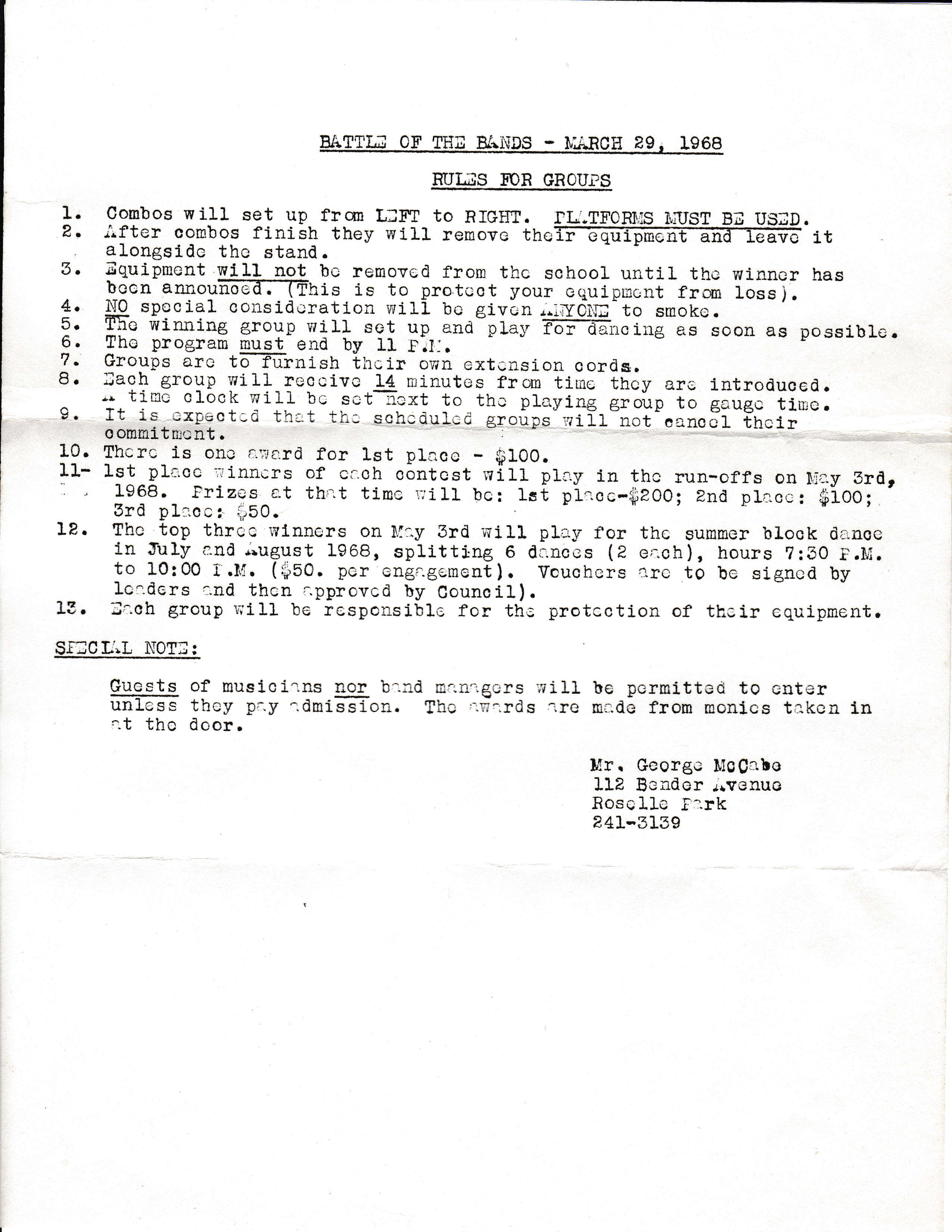 Battle of the Bands March 1968 Rules