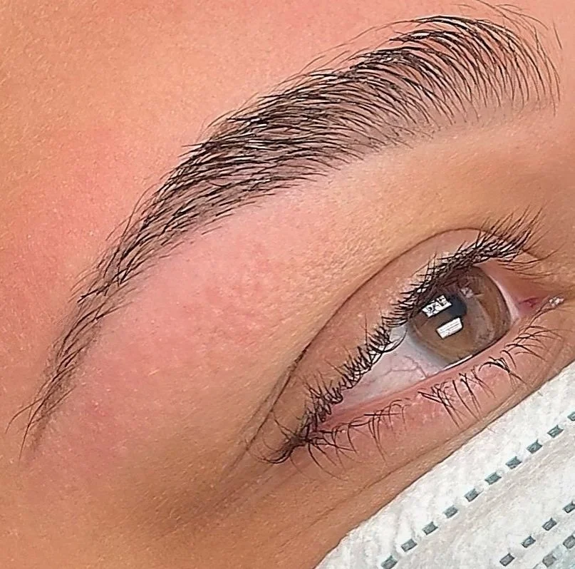 Close-up of an eye with well-groomed eyebrows, brown iris, and long eyelashes.