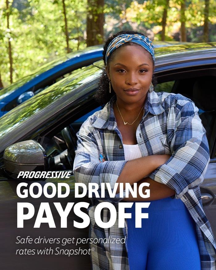 A young woman with a blue headband and plaid shirt standing confidently next to a car in a wooded area, promoting progressive car insurance rates.