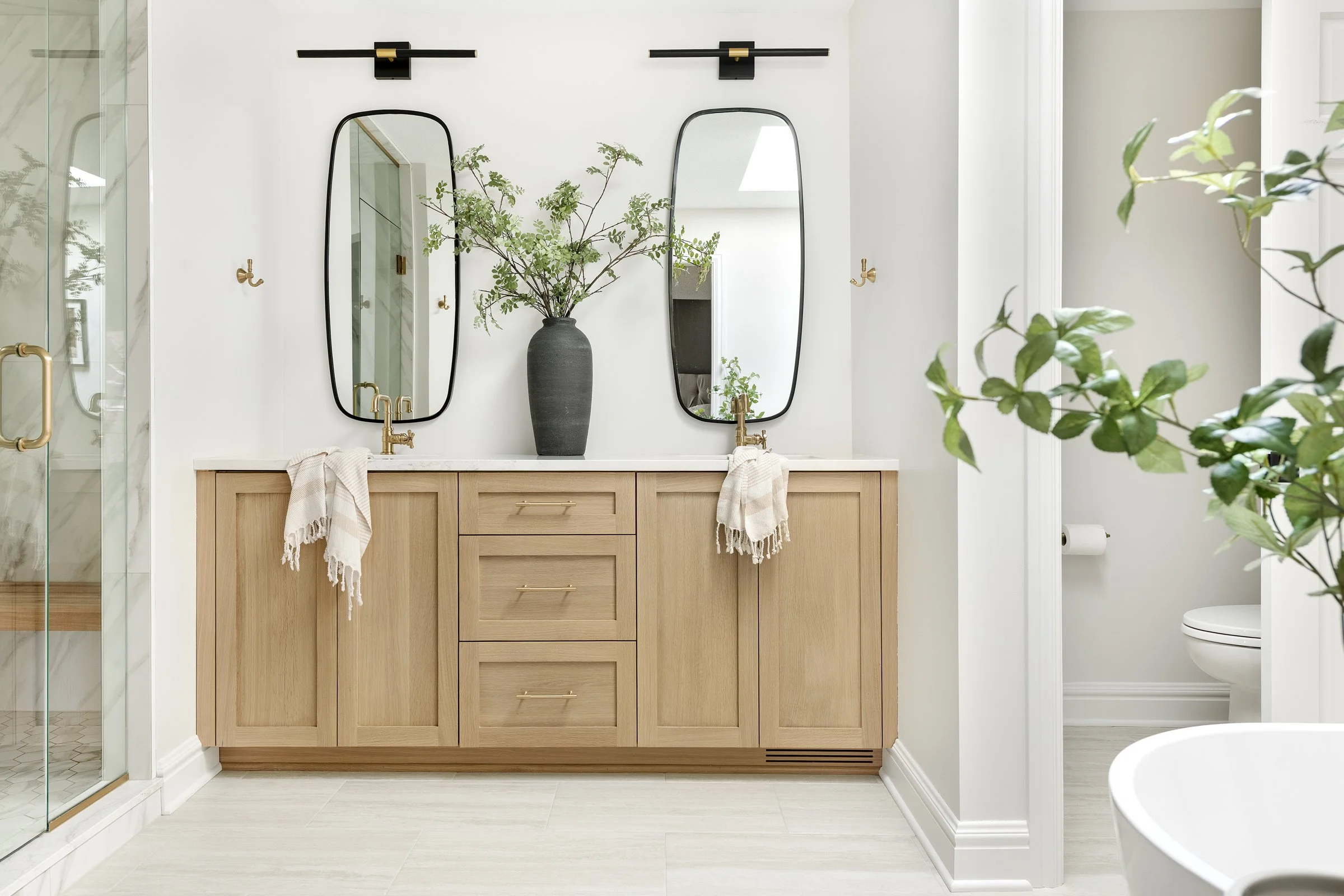 Double Bathroom Vanity Design: Rift-Sawn White Oak, Mixed Metals