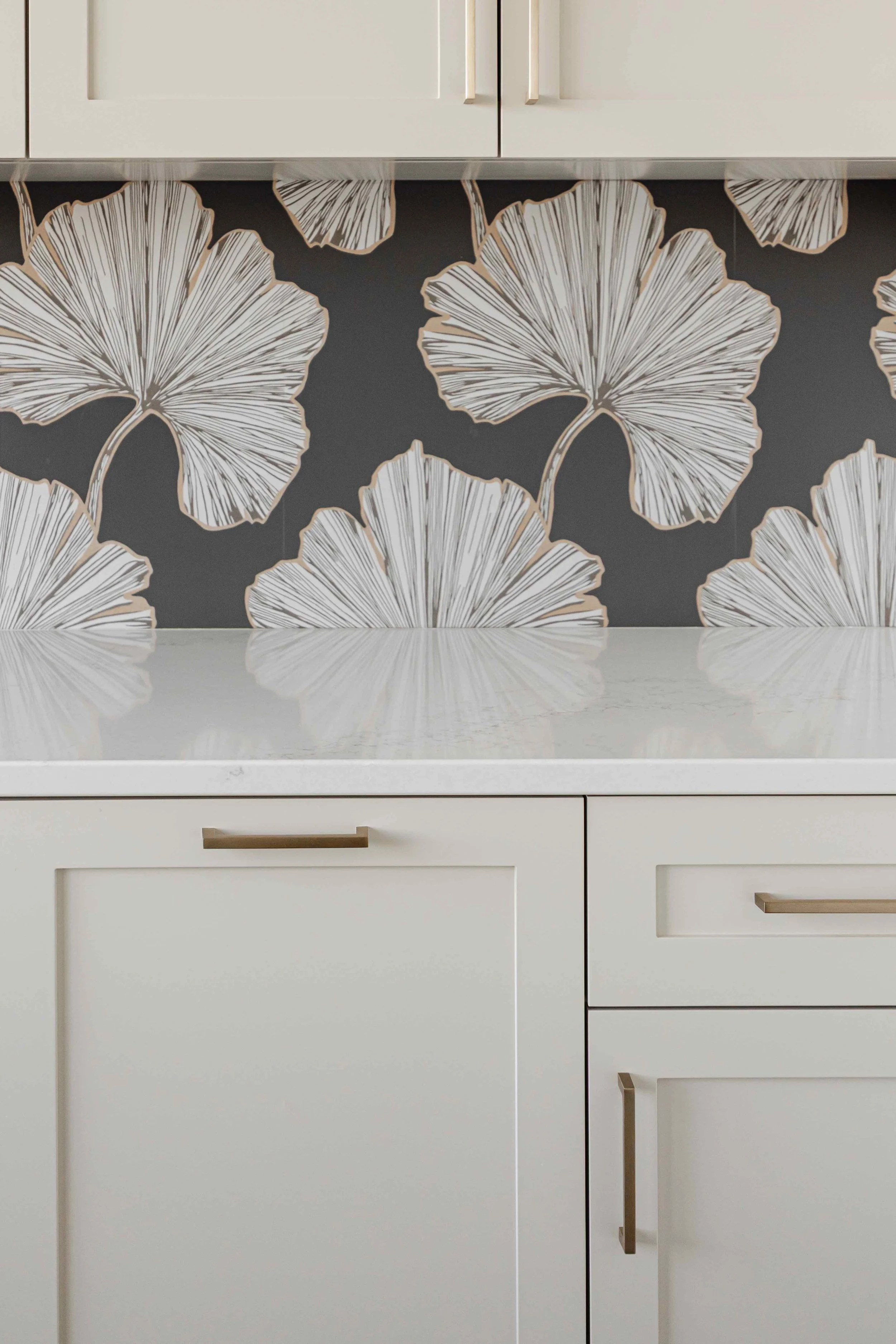 close-up photo of Azurea Wallpaper and Treatment Room Cabinets in Benjamin Moore Edgecomb Gray | Sean's Cabinetry + construction2style