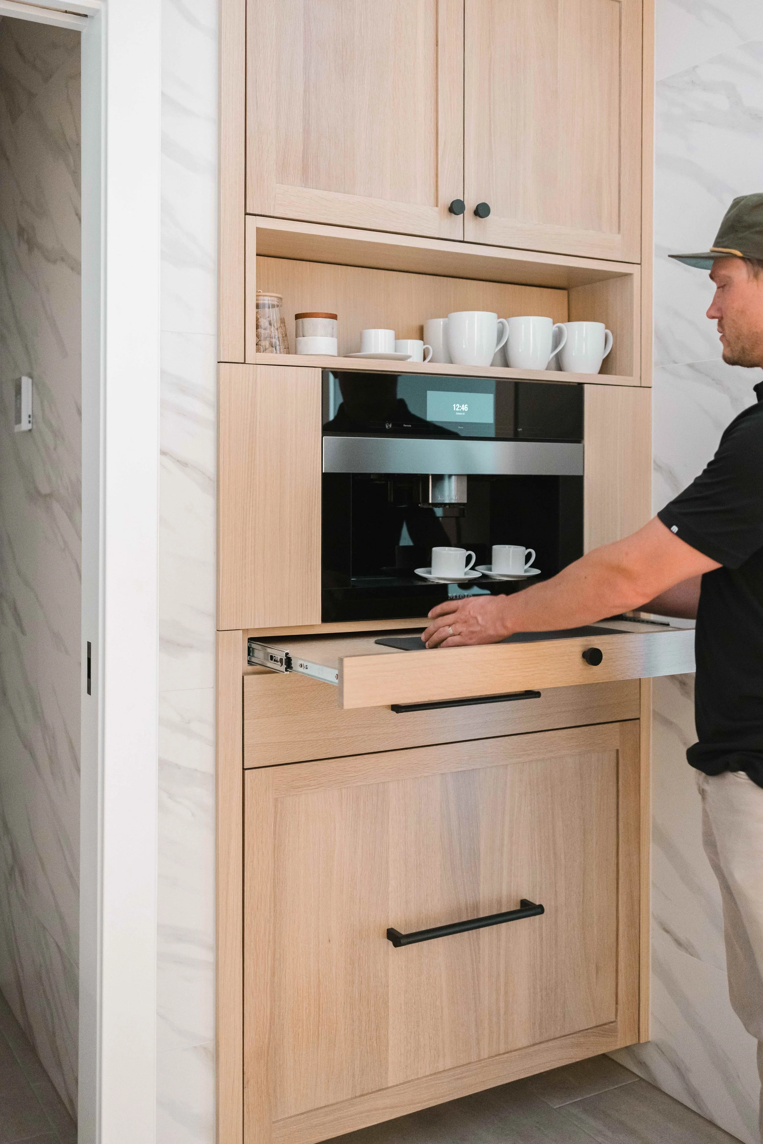Integrated Slide Out Shelf in a built in coffee station cabinet