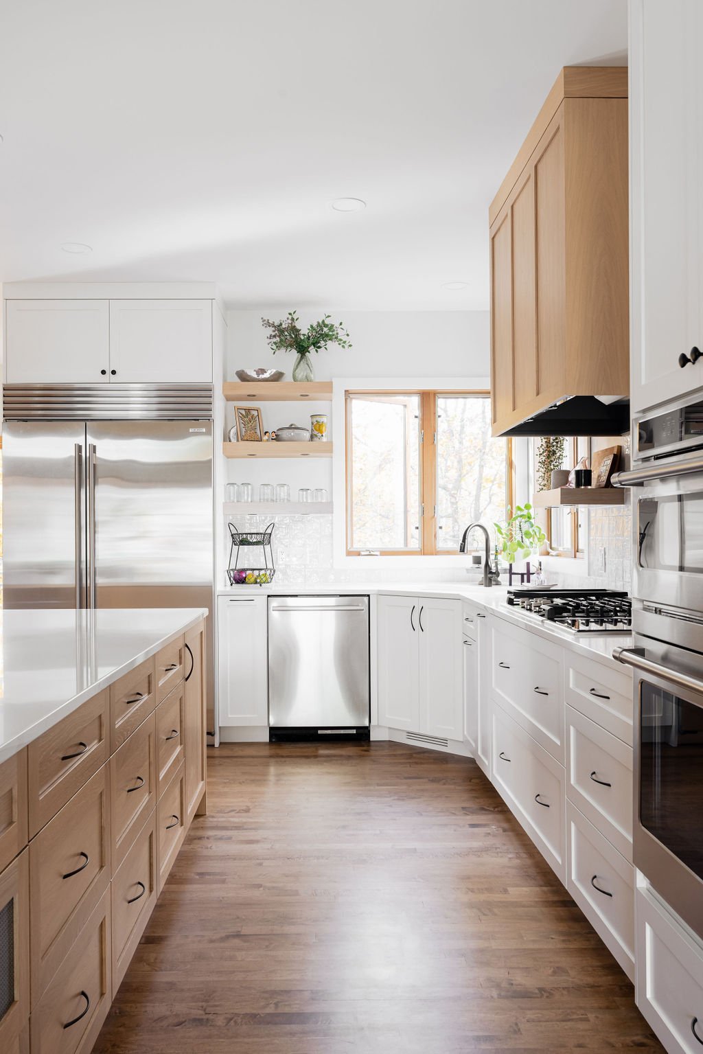 a great shot of White and Wood Kitchen Cabinets | l-shape kitchen by Sean's cabinetry