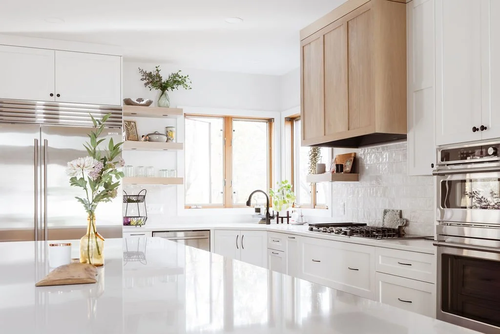 beautiful White and Wood Kitchen Cabinets in a custom l-shaped kitchen | sean's cabinetry