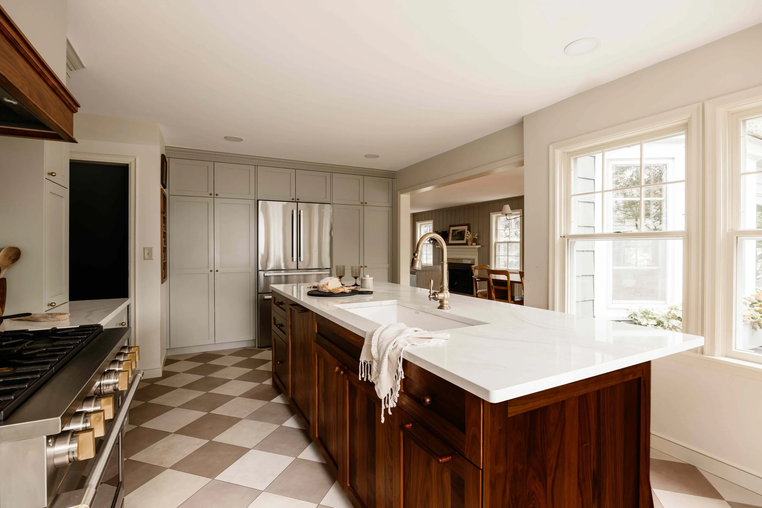 Farrow and Ball Ash Grey custom kitchen in edina MN with checkerboard flooring: Pearl and Latte porcelain tile