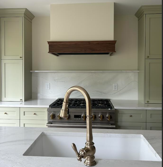 a photo of a custom kitchen designed by construction2style with cabinetry crafted by Sean's Cabinetry, painted in Ash Grey by Farrow & Ball